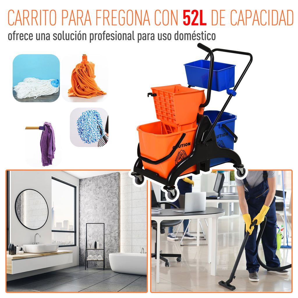 Balde para esfregona comercial Balde para esfregona com escorredor de baixa pressão 26L Capacidade com 4 rodas silenciosas Baldes separados duplos 78x45x95cm Laranja e azul — foto 4