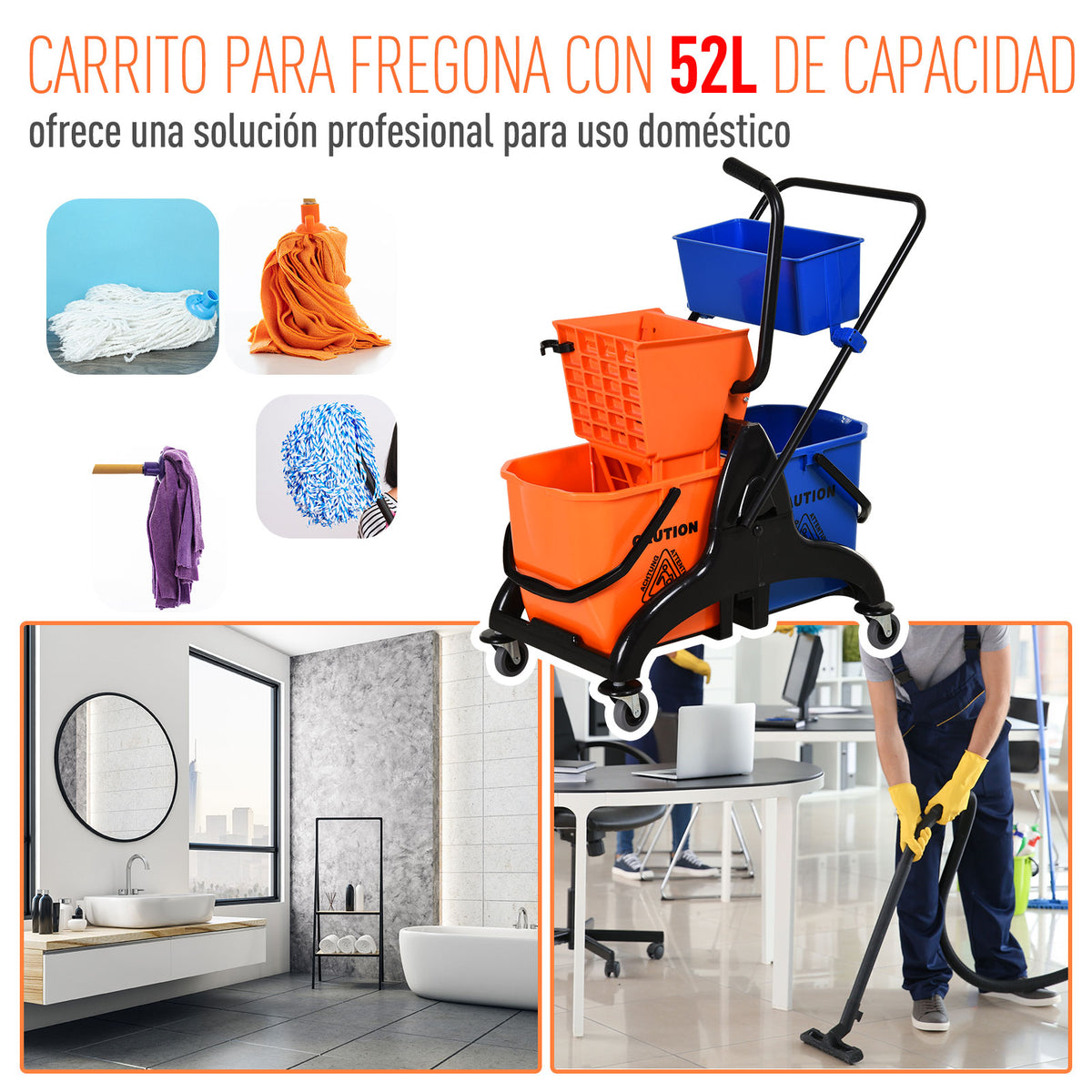 Balde para esfregona comercial Balde para esfregona com escorredor de baixa pressão 26L Capacidade com 4 rodas silenciosas Baldes separados duplos 78x45x95cm Laranja e azul — foto 4