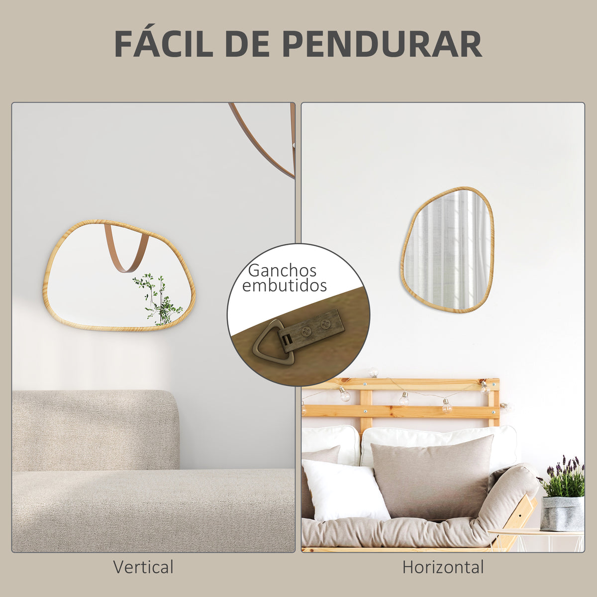 Espelho de Parede Decorativo 70x50 cm Espelho de Casa de Banho com Forma Irregular e Moldura de Madeira para Sala Entrada Corredor Horizontal ou Vertical Natural — foto 5