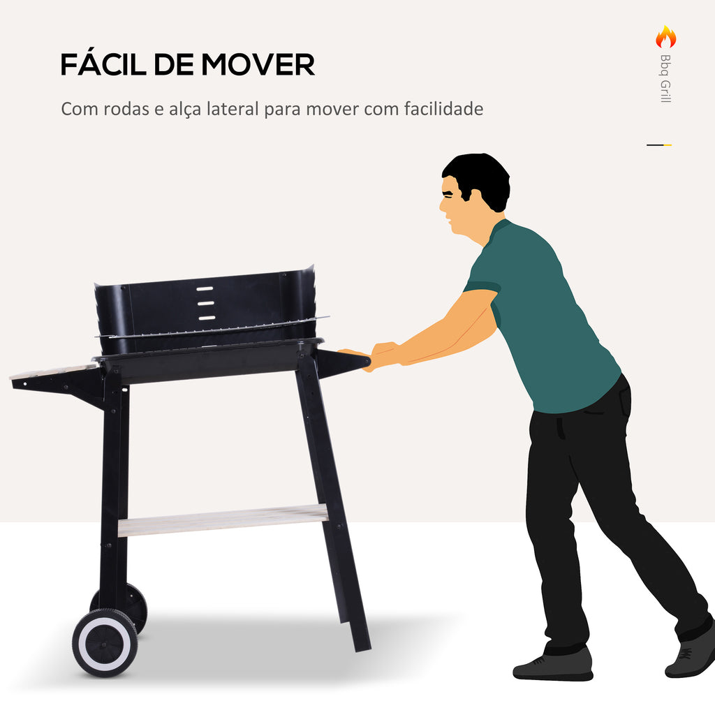 Barbecue a Carvão com Grelha Ajustável em Altura Prateleiras e Rodas para Jardim Exterior Campismo 83x45x87 cm Preto — foto 6