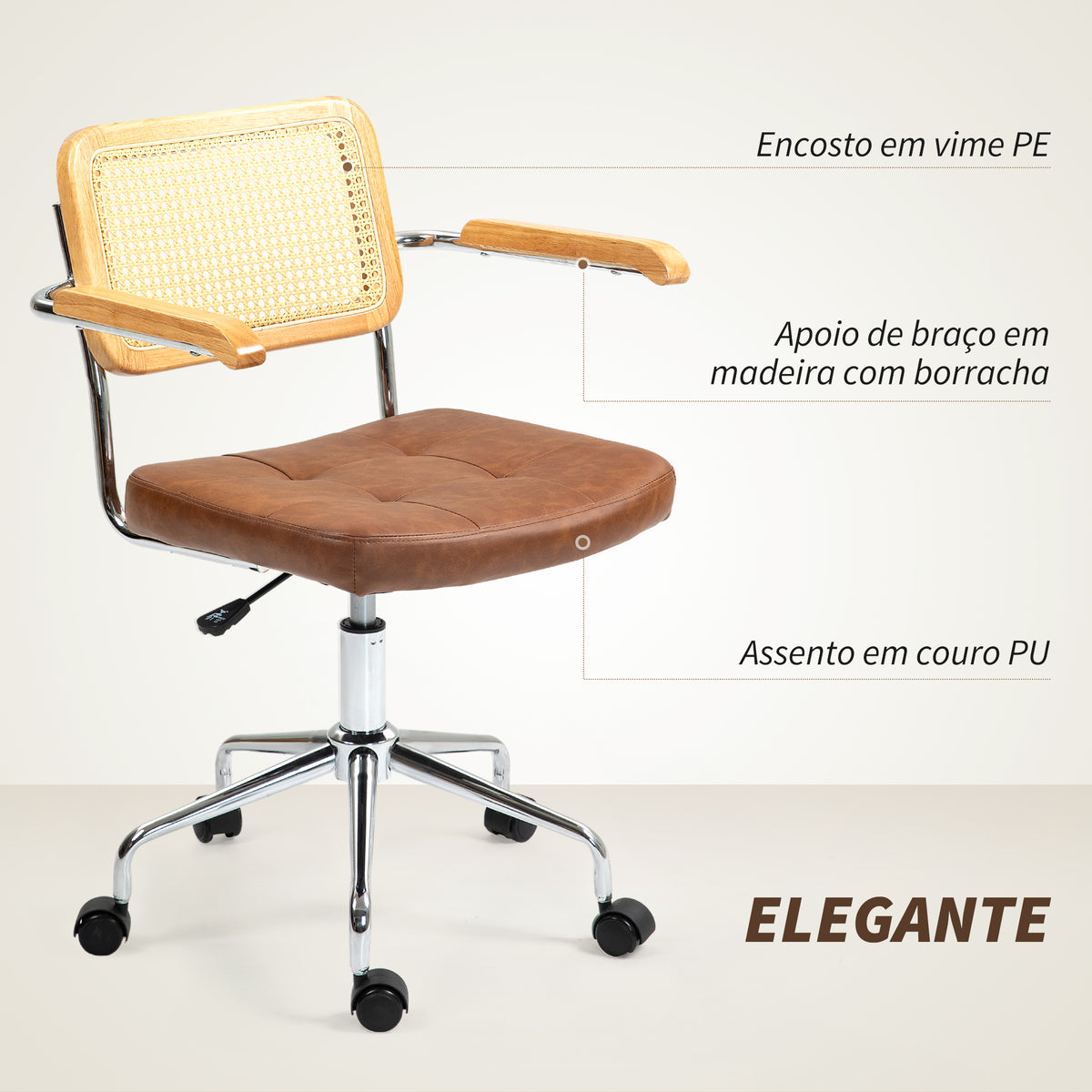 Cadeira de Escritório Giratória Cadeira de Escritório com Altura Ajustável Função Basculante e Encosto de Vime Sintético Cadeira de Estúdio Carga 120 kg 60x55,5x82-90 cm Marrom — foto 4