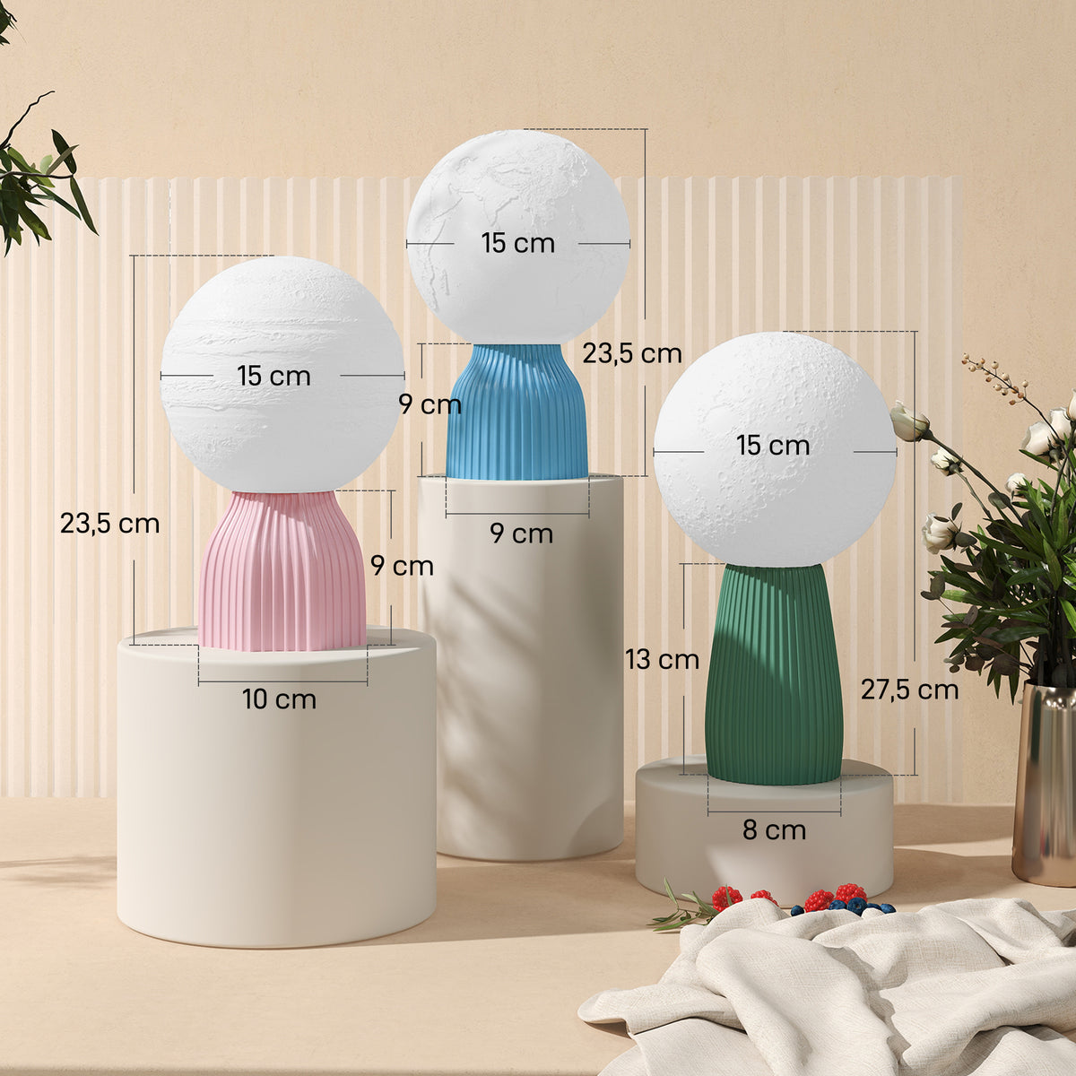 Conjunto de 3 Candeeiros de Mesa de Cabeceira 3D Candeeiros de Mesa com 3 Cores Brilho Ajustável em 10 Níveis Conexão USB para Casa Escritório Quarto Branco — foto 3