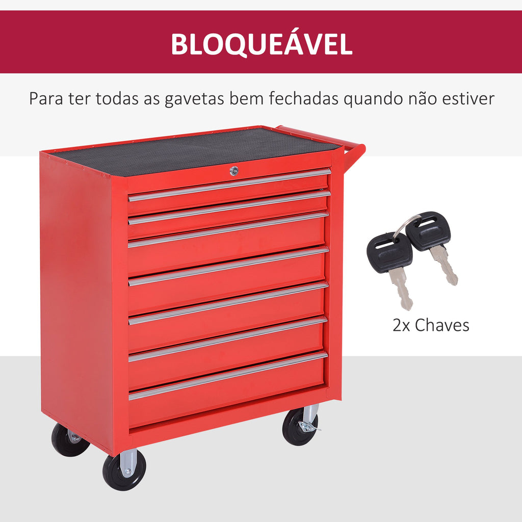 Carrinho de Ferramentas com 7 Gavetas, Carrinho de Oficina com Fechadura, Pega, 2 Rodas com Travão, para Garagem, Casa, Vermelho — foto 7