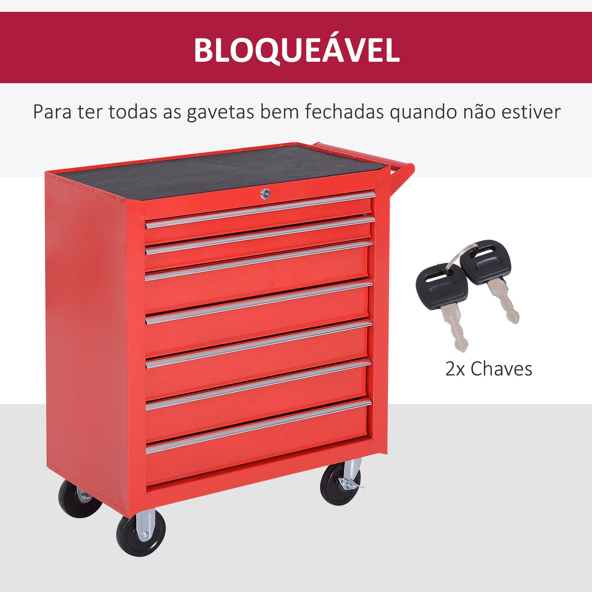 Carrinho de Ferramentas com 7 Gavetas, Carrinho de Oficina com Fechadura, Pega, 2 Rodas com Travão, para Garagem, Casa, Vermelho — foto 7