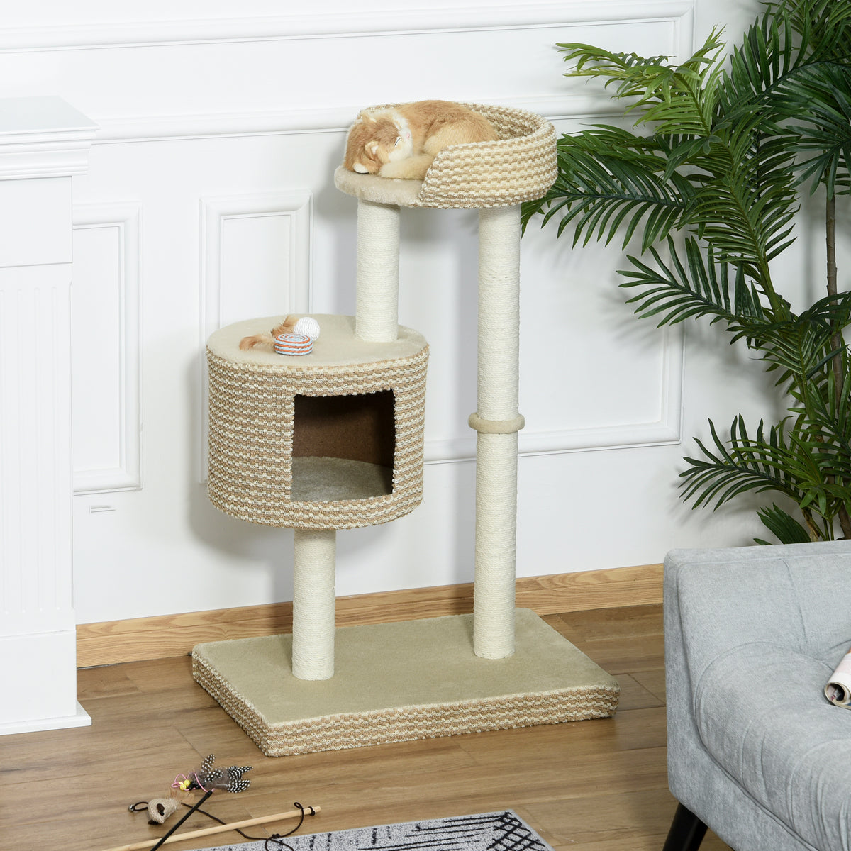 Árvore para gatos com Caverna de Pelúcia Postes de juta Plataforma confortável 61x41x96 cm Bege e Café — foto 2