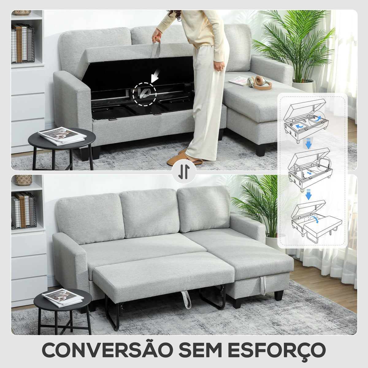 Sofá-Cama Chaise Longue de 3 Lugares Chaise Longue Reversível Ambos Lados com Armazenamento Sofá-Cama de Canto com Capas de Almofadas Removíveis Estofado em Linho para Sala de Estar 197x129x85 cm Cinza — foto 5