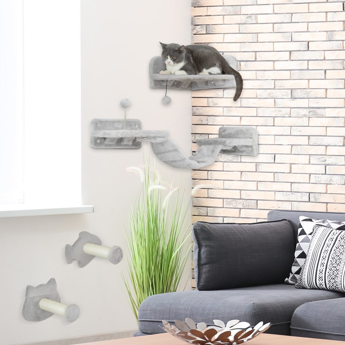 Conjunto de Prateleiras de Escalada para Gatos de 4 Peças Arranhador de Parede com 2 Postes de Sisal Plataforma Dupla com Escada e Plataforma para Saltar Cinzento — foto 2