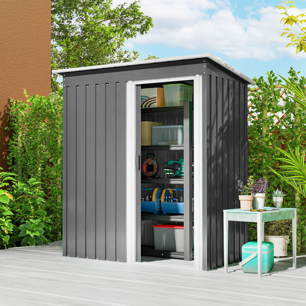 Abrigo de Jardim Exterior 163x89x182 cm Abrigo Metálico para Ferramentas com Porta de Correr e Teto Inclinado para Pátio Cinzento — foto 2