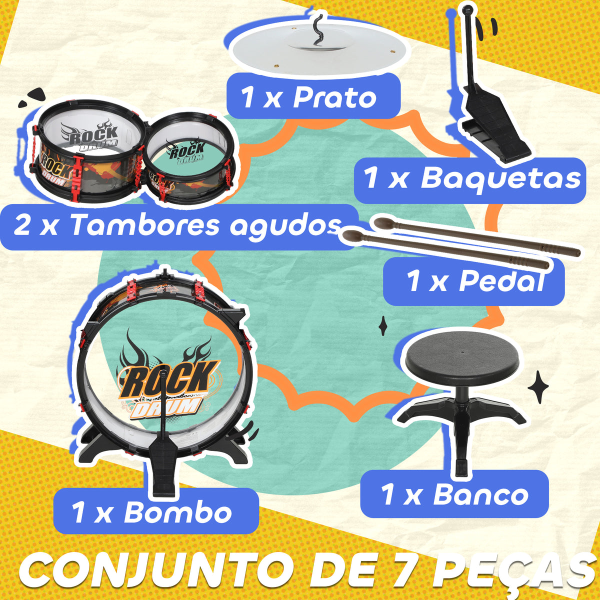 Bateria Infantil com Banco Bateria para Crianças acima de 3 Anos com Tambores Bumbo Prato e Baquetas para Iniciantes 59,5x31,5x59 cm Preto — foto 5