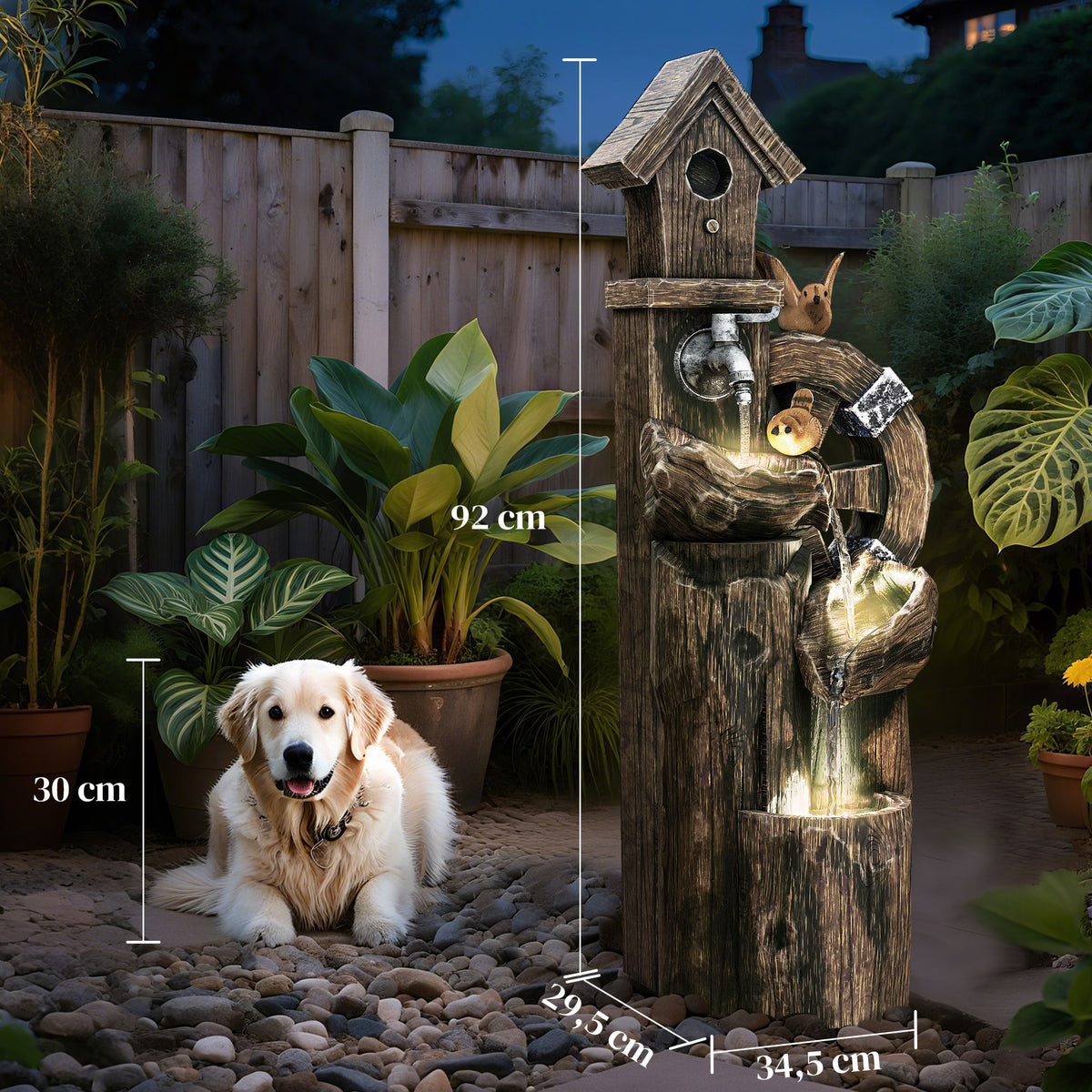 Fonte de Jardim 2 em 1 com Casa para Pássaros Fonte de Água de Exterior com Luzes LED Bomba Fonte Decorativa com Troncos de Árvore Multicor — foto 3