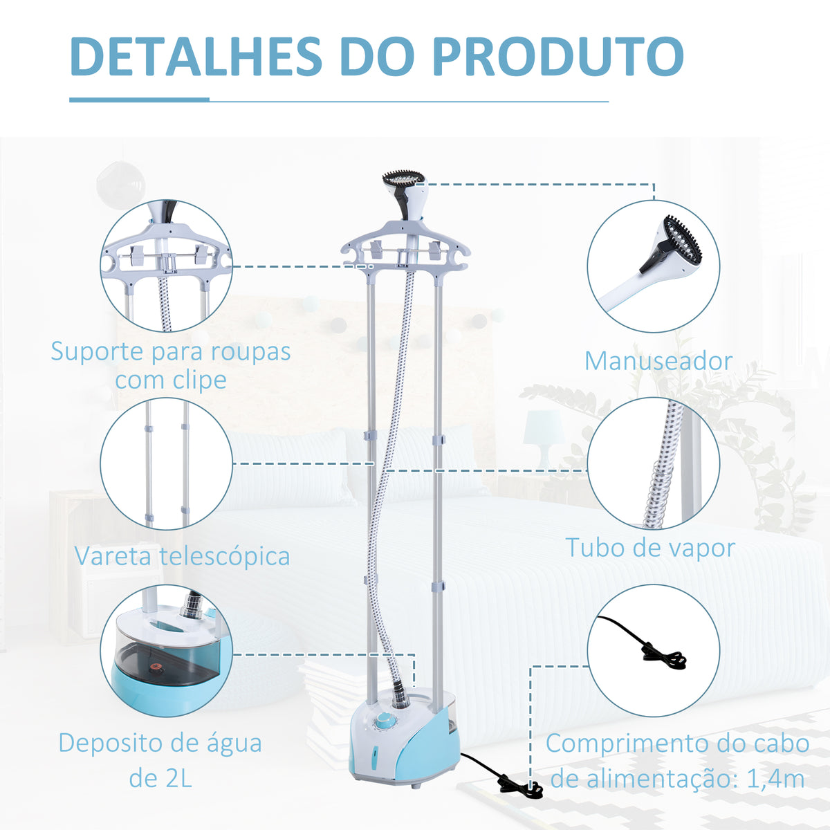 Ferro de Engomar Vertical com Barra Dupla Depósito 2L Ferro de Engomar a Vapor 1950W Saída de Vapor 32g/min e Temperatura Ajustável em 11 Níveis Azul e Branco — foto 6