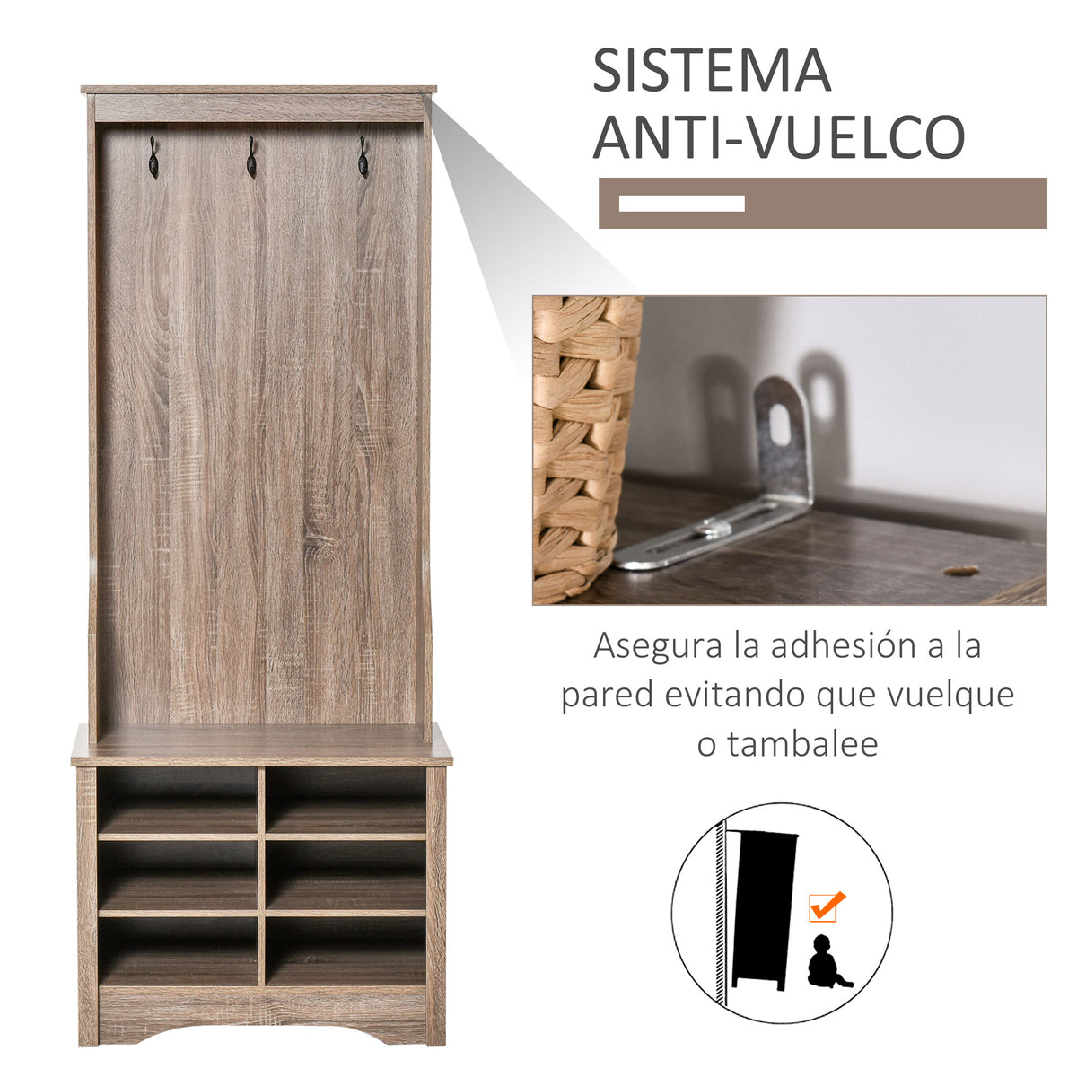 Móvel Cabide de Entrada com 3 Ganchos e 6 Compartimentos para Sapatos Armário de Entrada com Cabides 68,5x39,5x173cm Madeira — foto 5