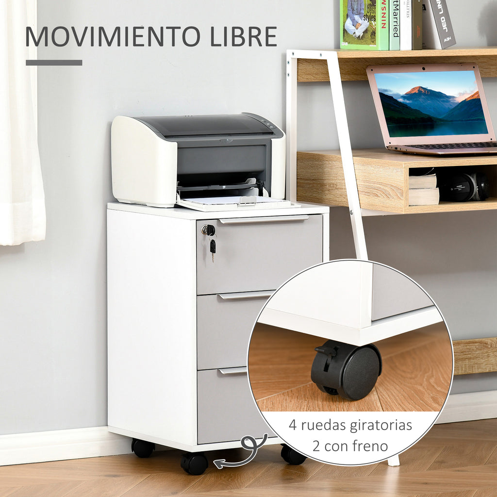 Bloco de Gavetas Móvel de Escritório com 3 Gavetas Fechadura Rodas e Travão para Documentos Arquivos 40x40x63,5 cm Branco e Cinza — foto 5