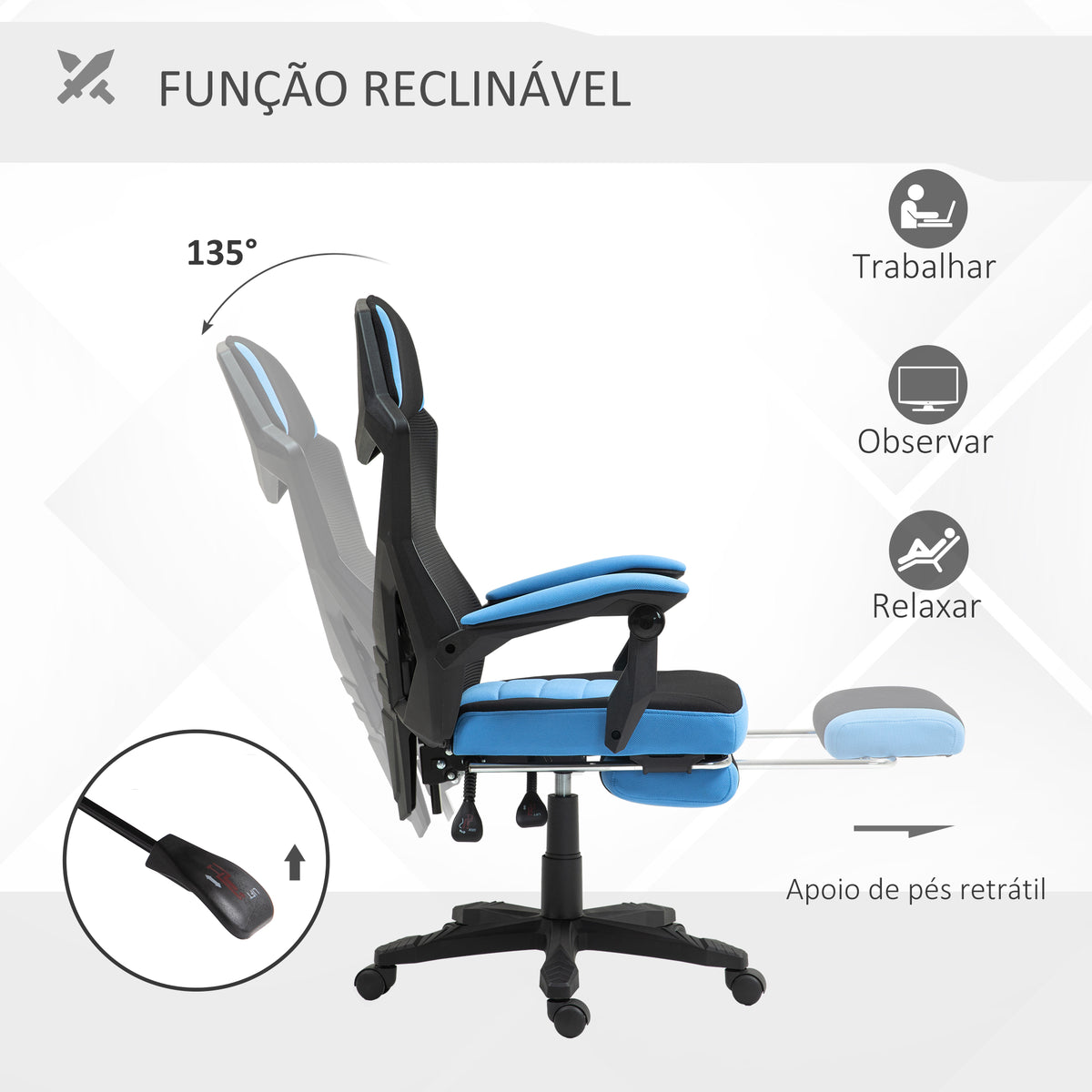 Cadeira de Escritório Ajustável em Altura Cadeira para Secretária Giratória de 360° Reclinável até 135° com Apoio para os Braços e Apoio para os Pés Retrátil 58x72x108-118 cm Azul — foto 5
