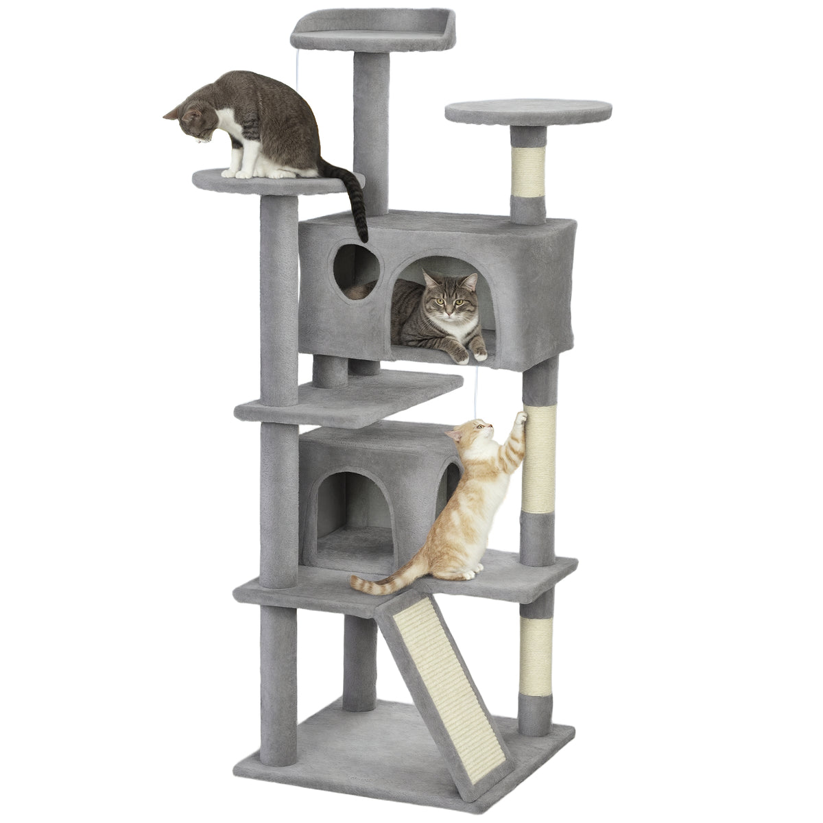 Arranhador para Gatos Altura 138 cm Arranhador para Gatos Torre de Escalada com Postes Arranhadores de Sisal Plataformas Cavernas Bolas Pendentes e Redes Cinza Claro — foto 1