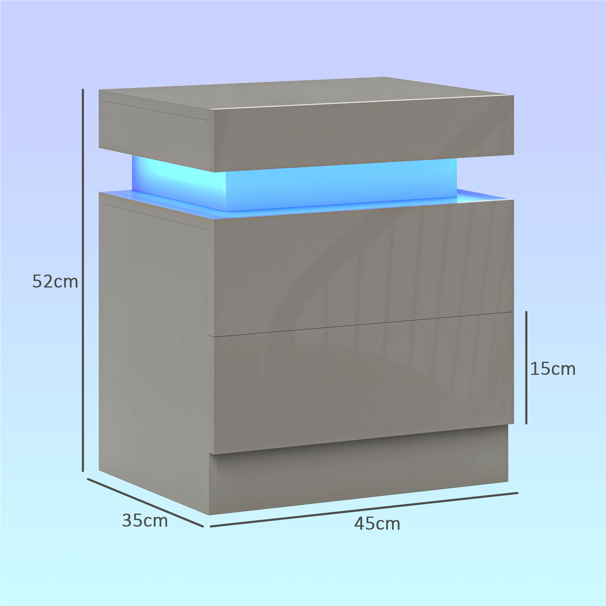 Mesa de Cabeceira com Luz LED Mesa de Cabeceira com Painel de Alto Brilho 2 Gavetas e Controlo Remoto para Sala de Estar Dormitório 45x35x52 cm Cinzento — foto 3