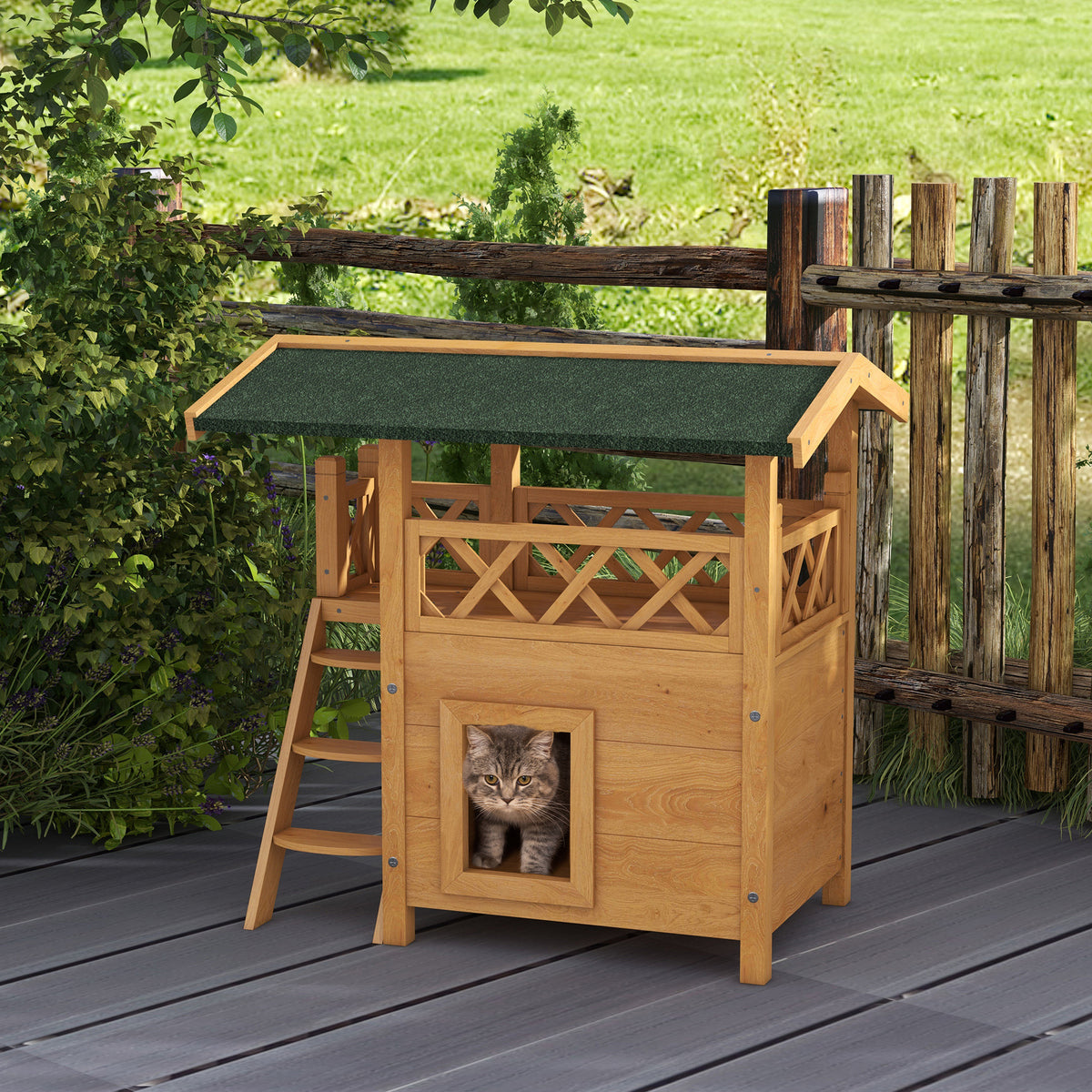 Casa para Gatos de Madeira 77x50x73 cm Casa para Gatos com 2 Níveis com Teto Asfáltico Terraço Cercado Caverna e Escada para Interior e Exterior Madeira — foto 2