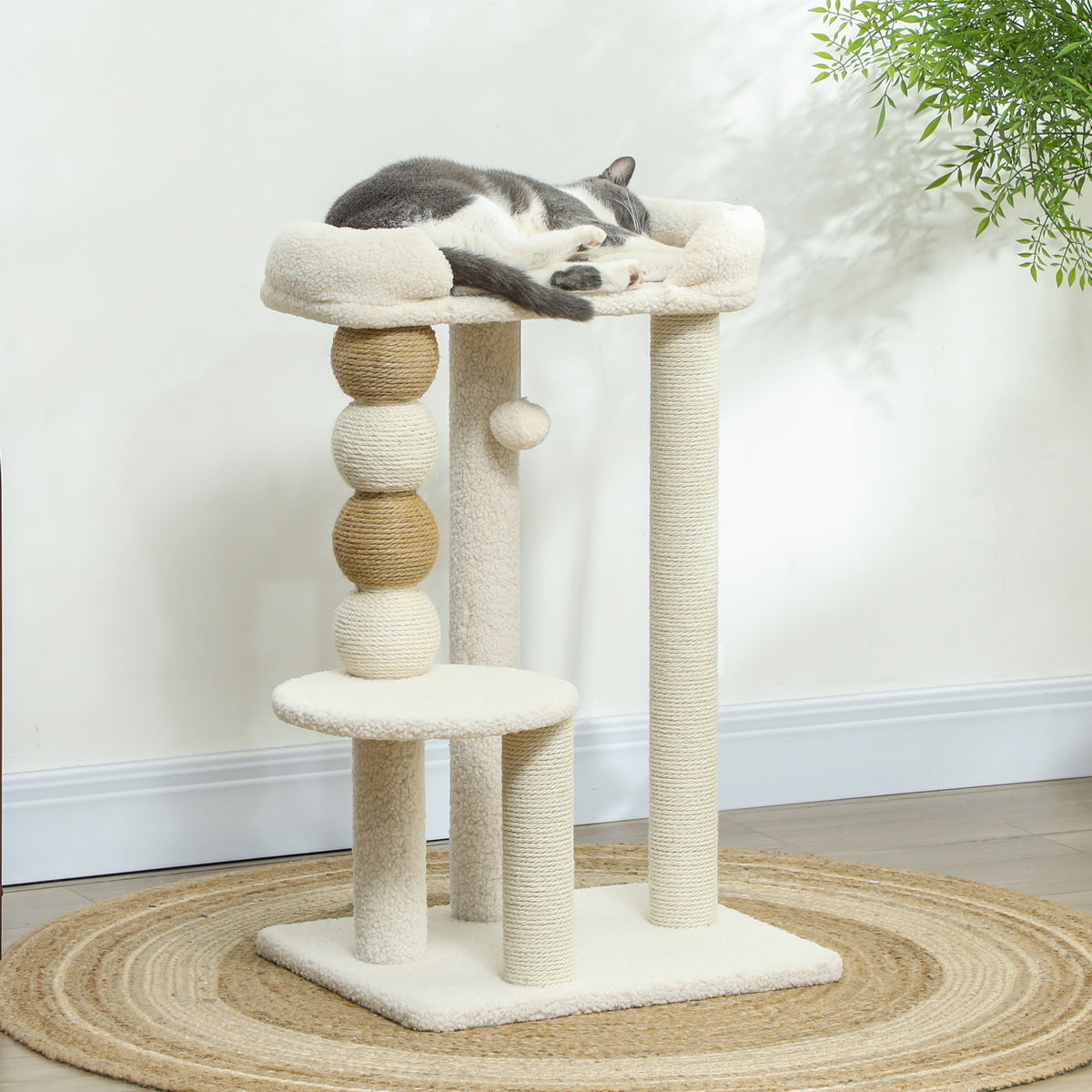 Arranhador para Gatos Altura 76 cm Arranhador para Gatos com Estofado em Borrego Plataformas Bola Suspensa e Poste de Juta Bege — foto 2