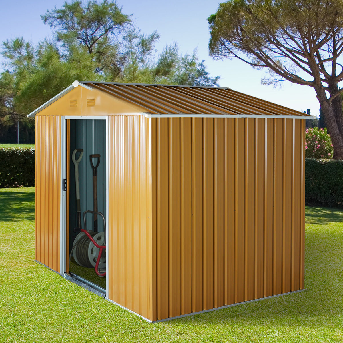 Abrigo de Jardim de 3,6 m² 236x174x190 cm Abrigo de Exterior para Armazenamento de Ferramentas com Portas de Correr e 4 Janelas de Ventilação para Pátio Ocre — foto 2