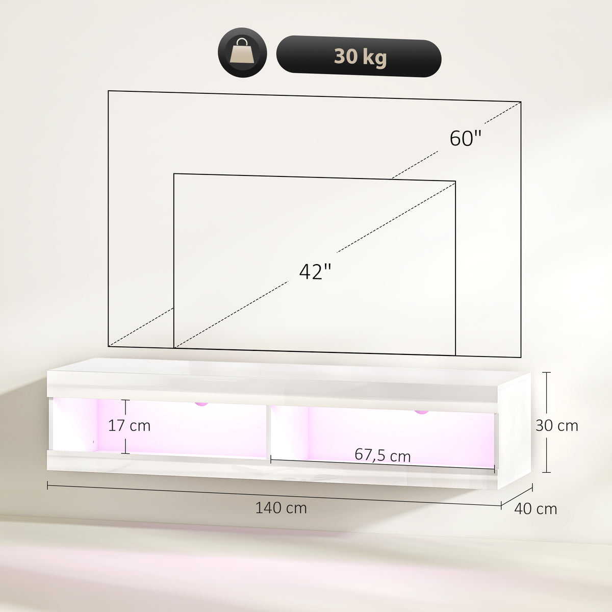 Móvel de TV Suspenso com Luzes LED Controlo Remoto Compartimentos Orifício Passa-Cabos para Televisão 55-60 Polegadas 140x40x30 cm Branco Brilhante — foto 3