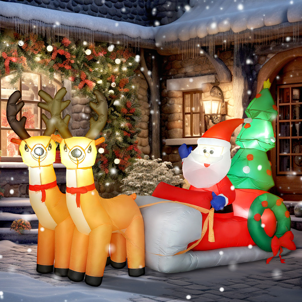 Pai Natal Insuflável com Trenó Renas e Árvore de Natal Insufláveis de Natal com Luzes LED Decoração de Natal para Exterior e Interior 216x90x150 cm Multicolor — foto 2