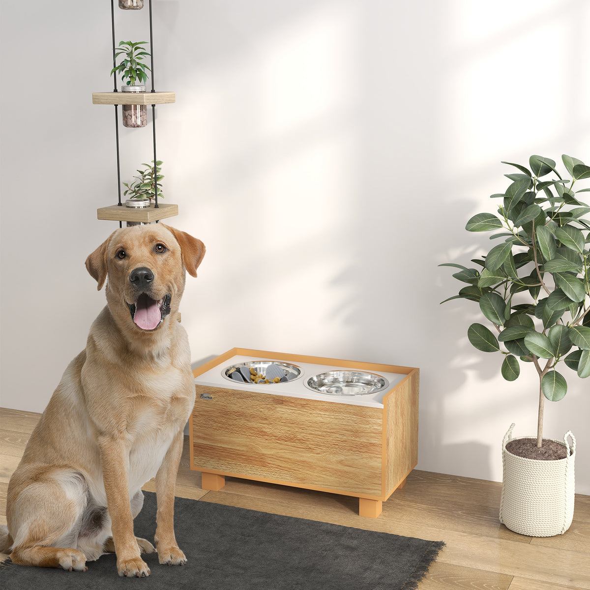 Comedouro para Cães Elevado com Sistema de Alimentação Lento Amovível e Espaço de Arrumação Comedouro com 2 Tigelas de 2L de Aço Inoxidável para Cães Grandes 60x30x35,5 cm Madeira — foto 2