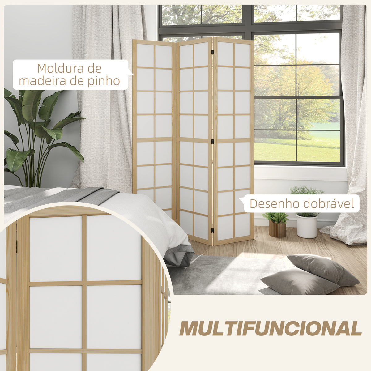 Biombo Dobrável de 3 Painéis Ecrã de Privacidade Separador de Ambientes de Interior para Sala de Estar Dormitório e Escritório 120x170 cm Madeira e Branco — foto 4