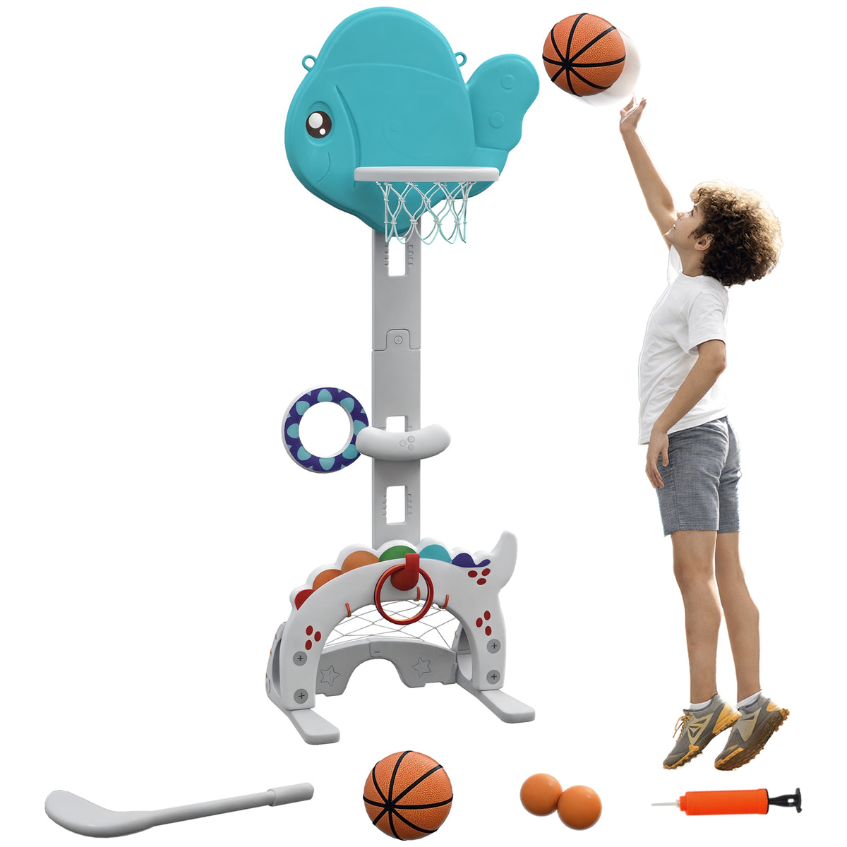 Cesta de Basquetebol Infantil 5 em 1 Cesta de Basquetebol para Crianças com Altura Ajustável com Tema Peixe Dourado Futebol Golf Jogo de Lançamento de Bola para Interior Multicolorido — foto 1