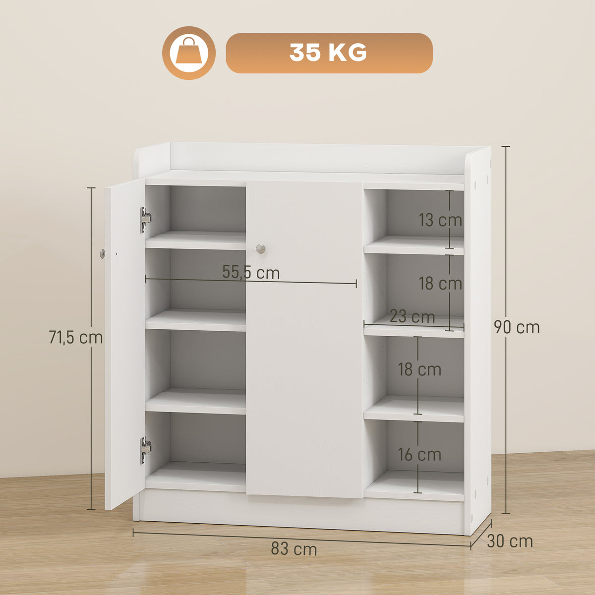Sapateira Armário Multiuso com 2 Portas Prateleiras Interiores e 4 Prateleiras Exteriores com Altura Ajustável 83x30x90 cm Branco — foto 3