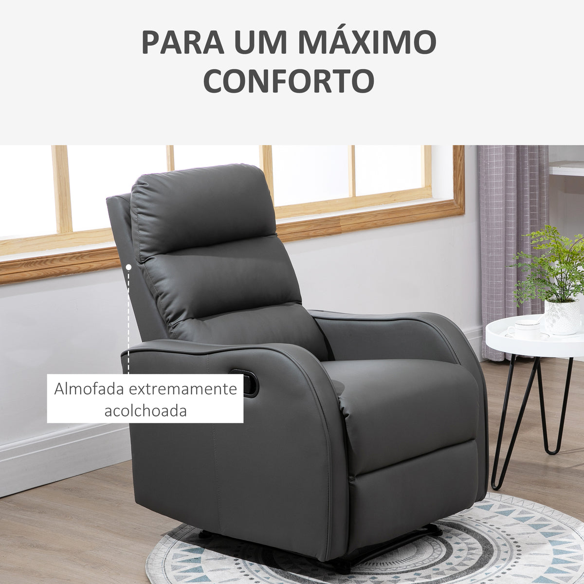 Poltrona Reclinável Manual, Poltrona Relax Estofada em PU com Apoio para Pés Retrátil, Acolchoada, Reclinável até 160°, para Sala, Quarto, Cinzento, 65x89x100 cm — foto 5