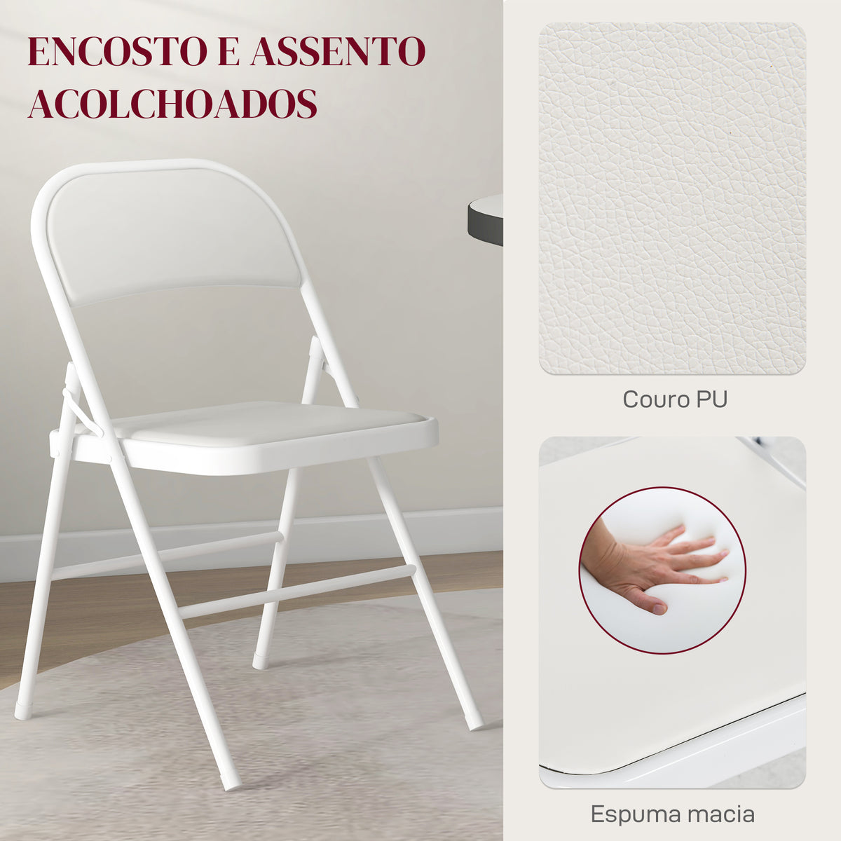 Conjunto de 2 Cadeiras Dobráveis Cadeiras Dobráveis com Encosto e Estrutura de Aço para Sala de Estar Escritório Estúdio 45x46x78 cm Branco — foto 4