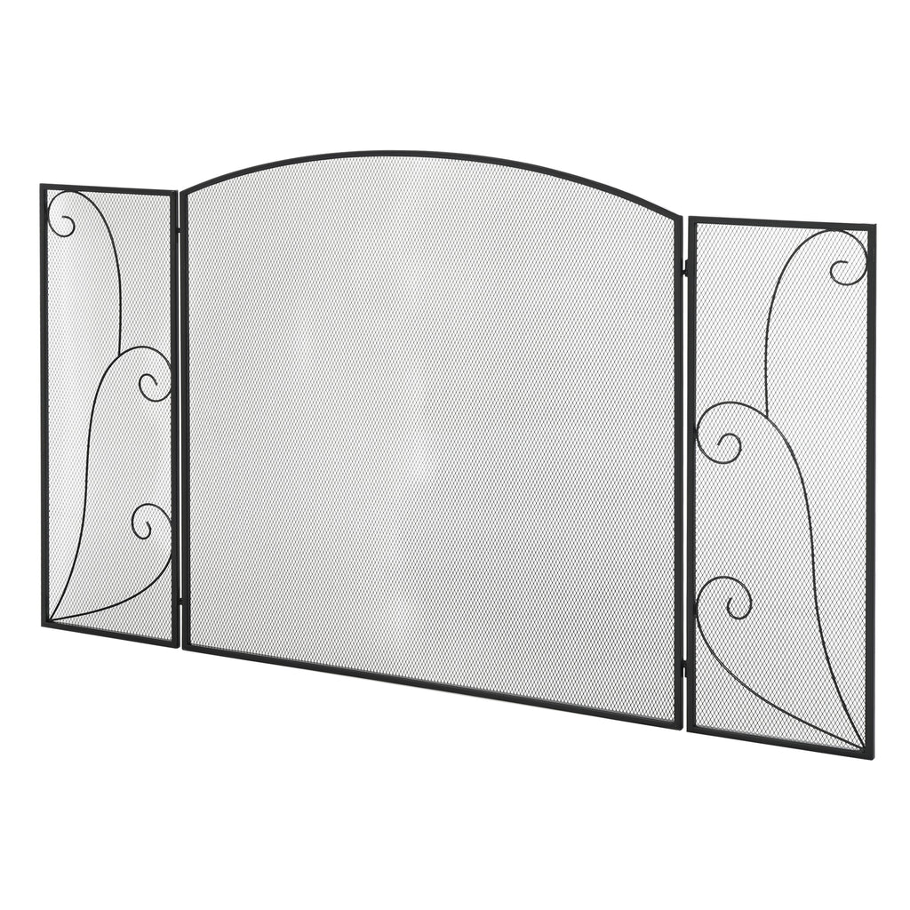 Frente para Lareira de 3 Painéis Frente para Lareira Dobrável com Dobradiças Estrutura Metálica Malha Decorativa 132,5x76,5cm Preto — foto 1