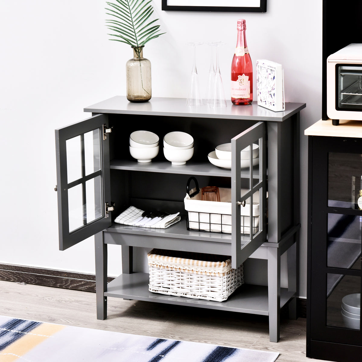 Aparador Vitrina Multifuncional para Entrada Cozinha Salas de Estar Aparador com Prateleiras 2 Portas e Anti-Tombo 80x28x84cm Cinza — foto 2