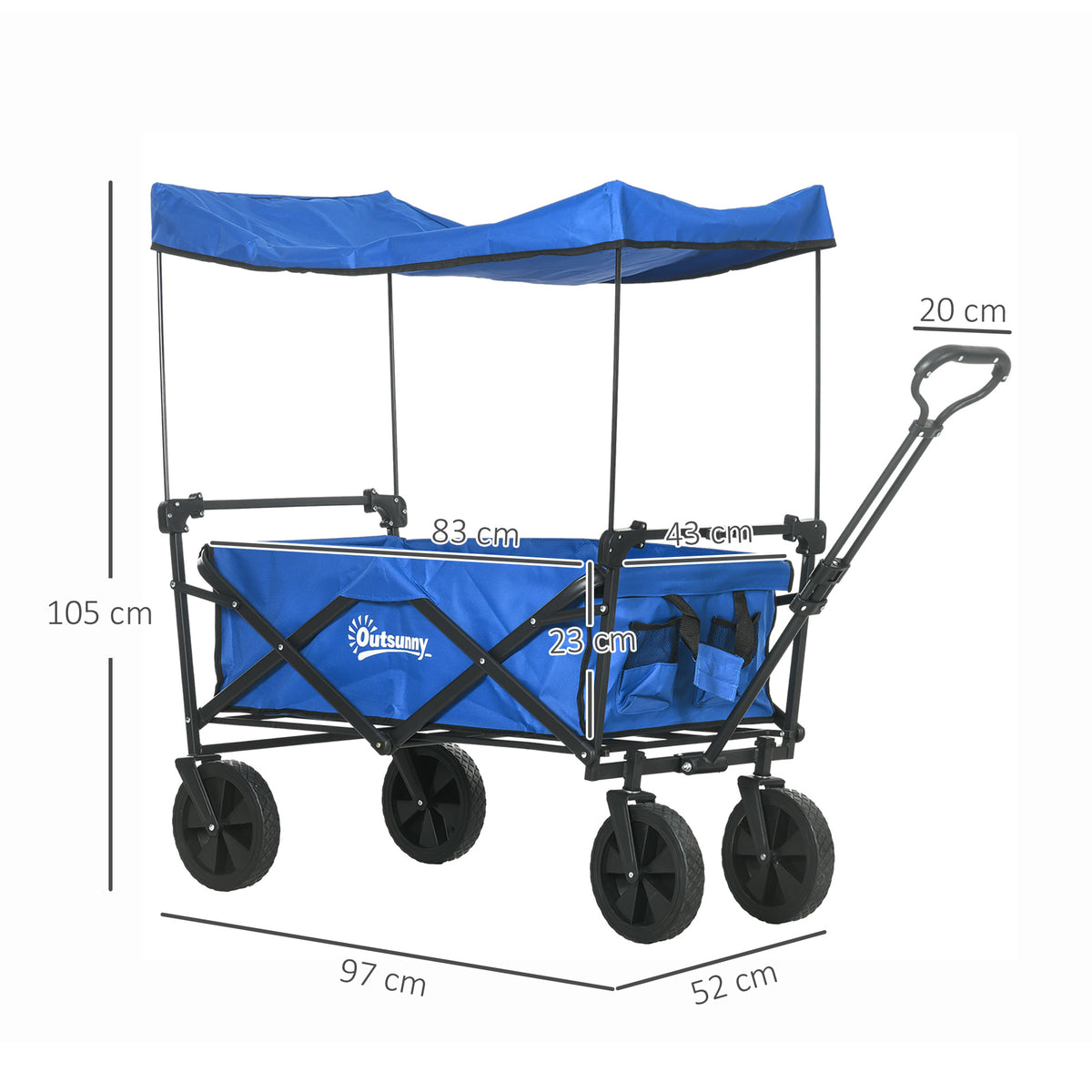 Carrinho de Transporte com Toldo Removível Carrinho Dobrável com Alça Ajustável e Bolsa de Transporte Capacidade 100 kg para Campismo Praia 97x52x105 cm Azul — foto 3