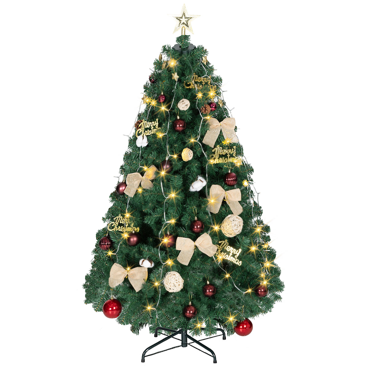 Árvore de Natal de 150 cm com Decorações 150 Luzes LED Branco Quente Árvore de Natal Decorada com 8 Modos de Iluminação 480 Ramos Suporte de Aço Decoração para Casa Festa Interior Verde — foto 1