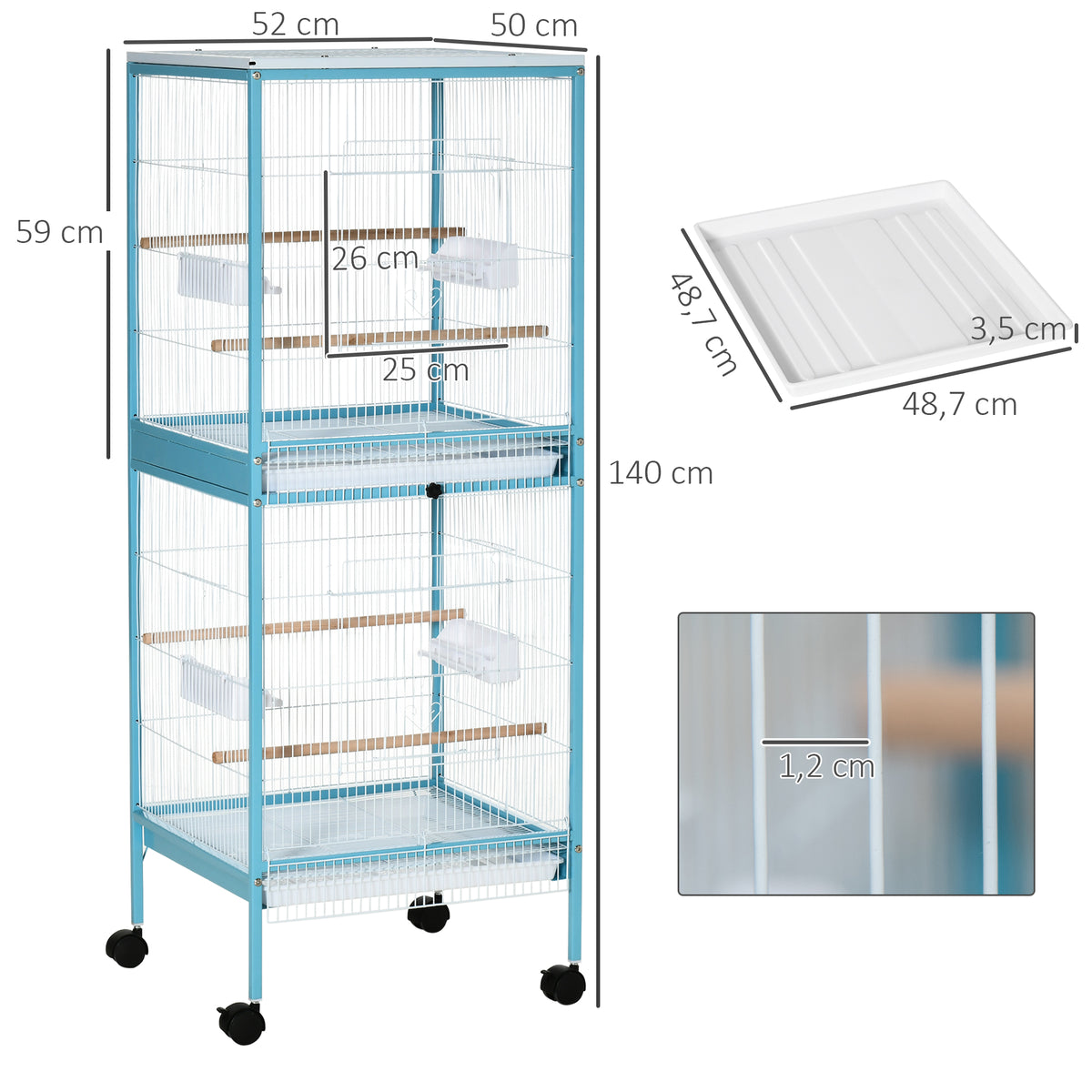 Gaiola para Pássaros com Rodas Gaiola Grande de 2 Níveis com Bandejas Removíveis Portas Comedouros Poleiros para Canários Periquitos 51,5x50x140 cm Azul e Branco — foto 3