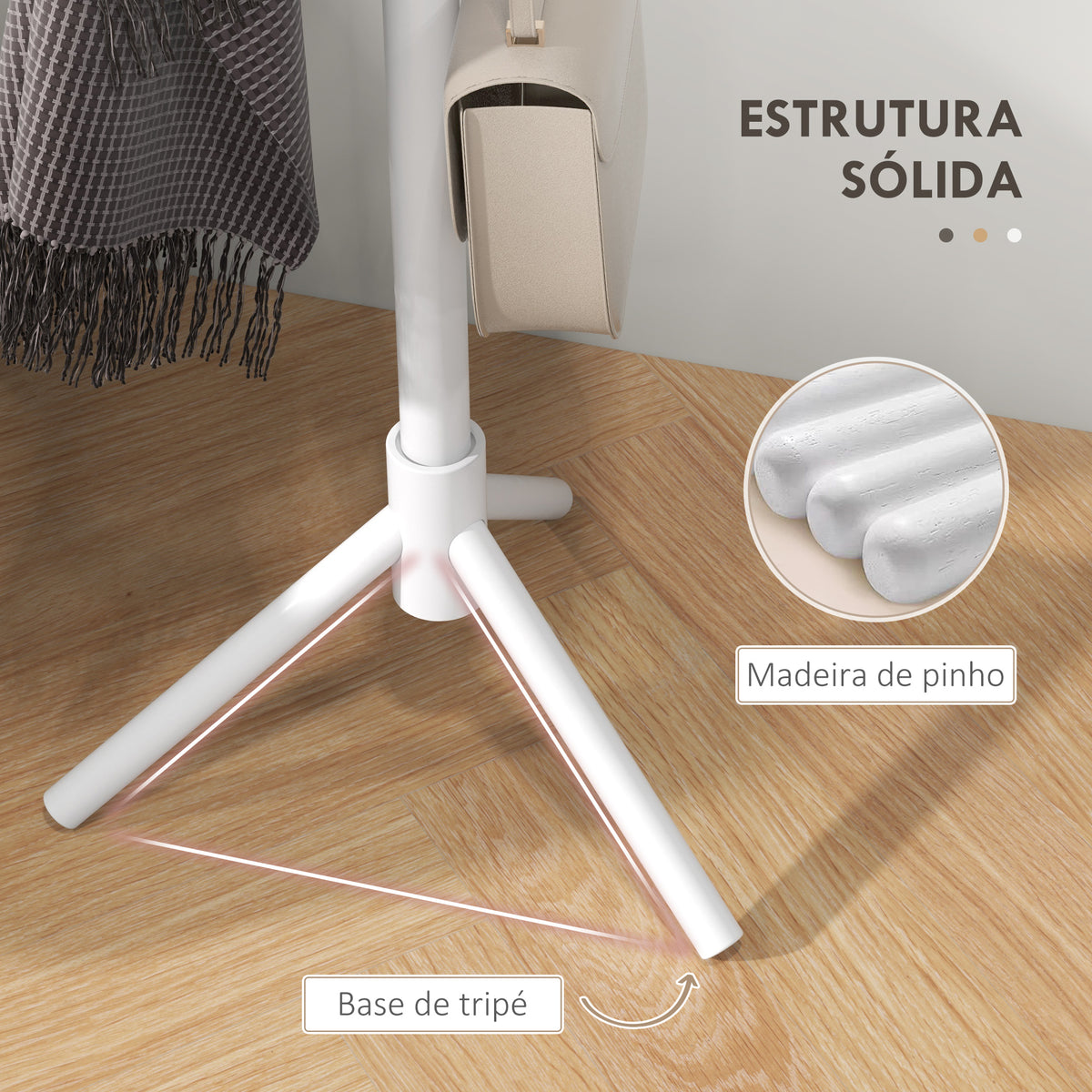 Cabide de Pé de Madeira Cabide de Pé com 8 Ganchos para Pendurar Roupa e Bolsas Cabide em Forma de Árvore para Corredor Entrada Quarto 40x40x165 cm Branco — foto 5