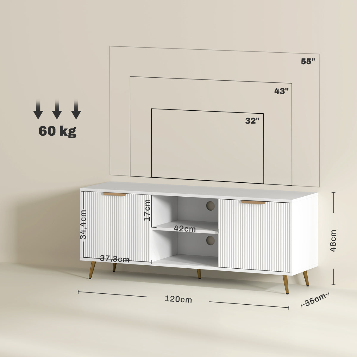 Móvel de TV Moderno Móvel de TV para Sala de Estar com 2 Compartimentos Abertos e 2 Portas Móvel para Televisores de 55 Polegadas 120x35x48 cm Branco — foto 3