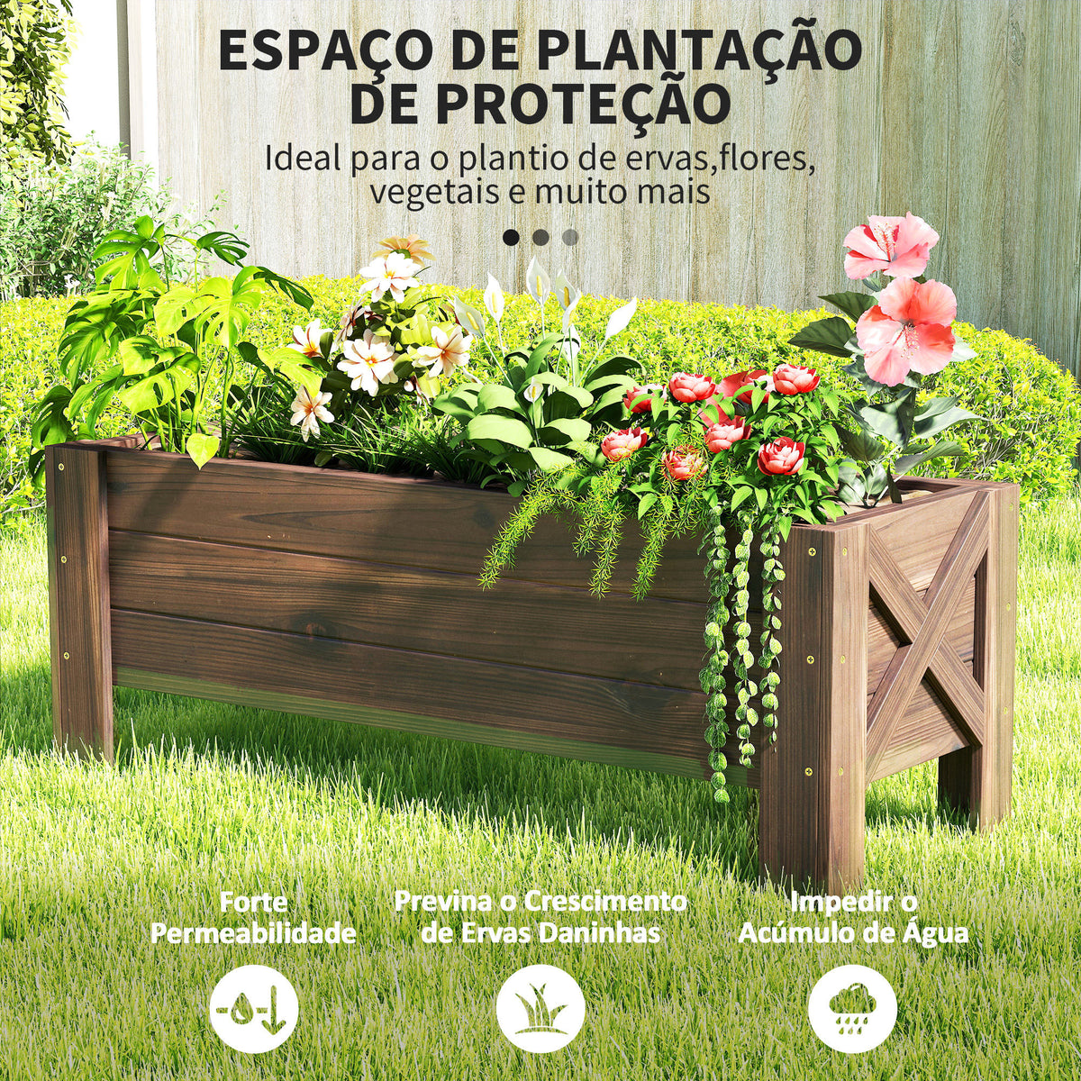 Horta Vertical Floreira de Madeira Retangular com Pés para Flores Plantas Cultivos 100x36,5x36cm Marrom — foto 4