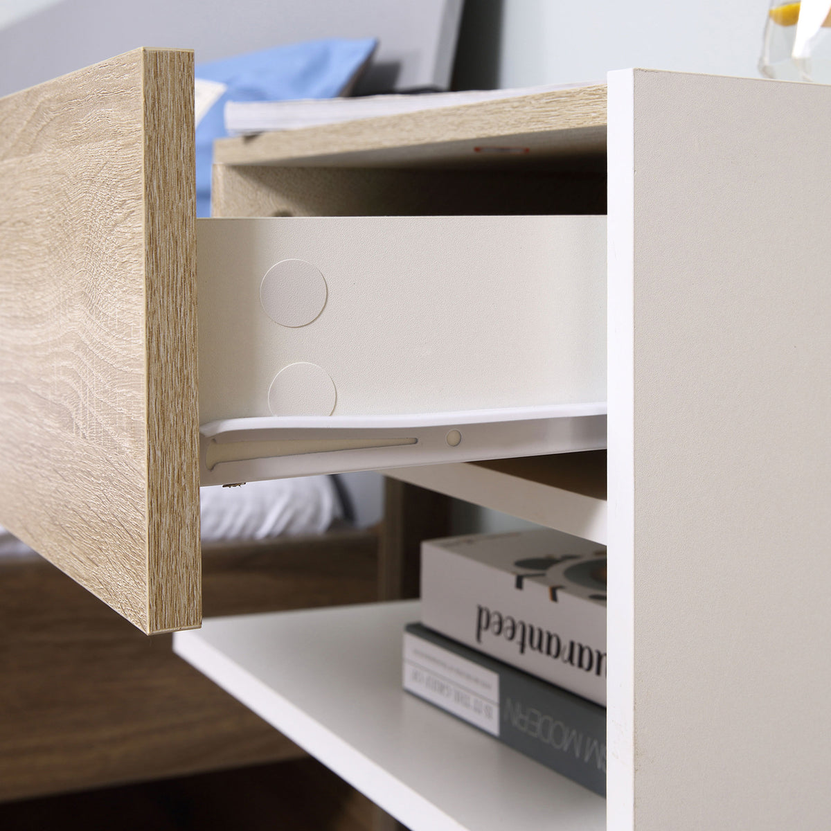 Conjunto de 2 Mesas de Cabeceira Flutuantes Mesas de Cabeceira Suspensas com 1 Gaveta e Prateleira Aberta para Dormitório 46x30x30 cm Carvalho e Branco — foto 8