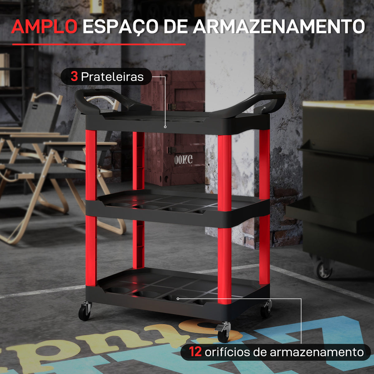 Carro de Oficina Carro de Ferramentas com 3 Prateleiras Rodas e Pegas para Garagem Oficina Casa Carga 91 kg 83x43x97 cm Vermelho e Preto — foto 4
