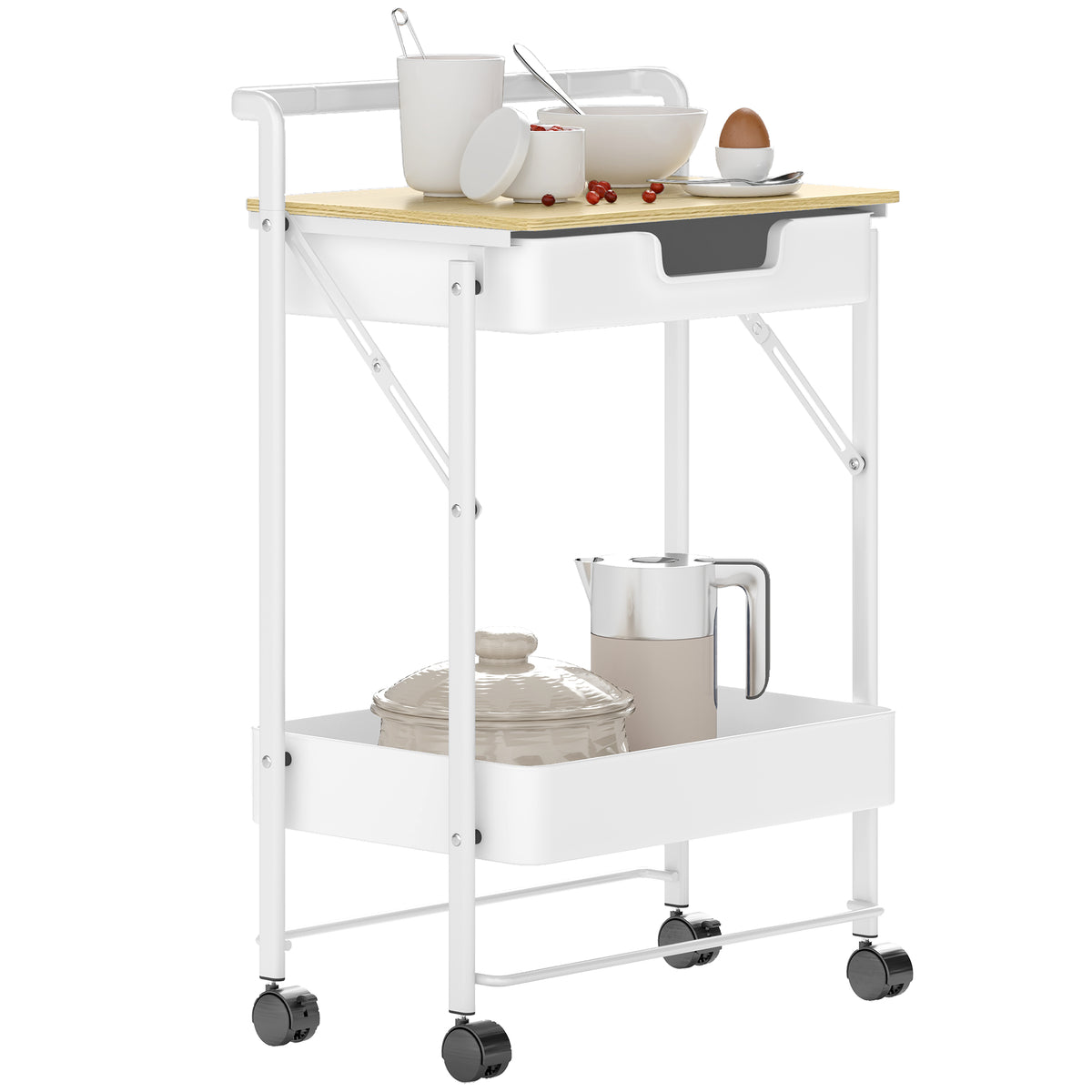 Carrinho Auxiliar com Rodas de 2 Níveis Carrinho de Cozinha com 1 Gaveta e 1 Cesto Carrinho Organizador para Dormitorio Sala Escritório 45x29,5x68 cm Branco — foto 1