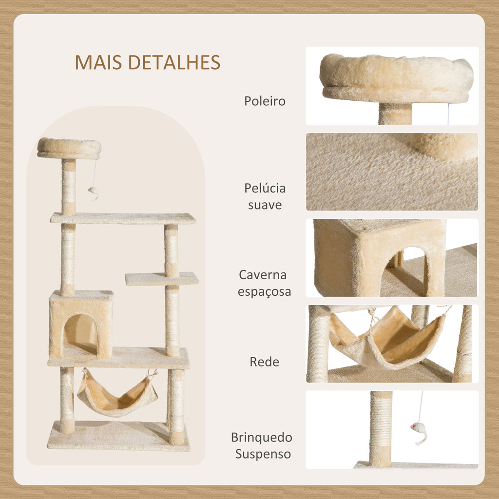Arranhador de Árvore para Gatos com Plataformas Múltiplas Brinquedo Suspenso Caverna Espaçosa Rede Macia Postes de Coçar 70x40x152 cm Bege — foto 6