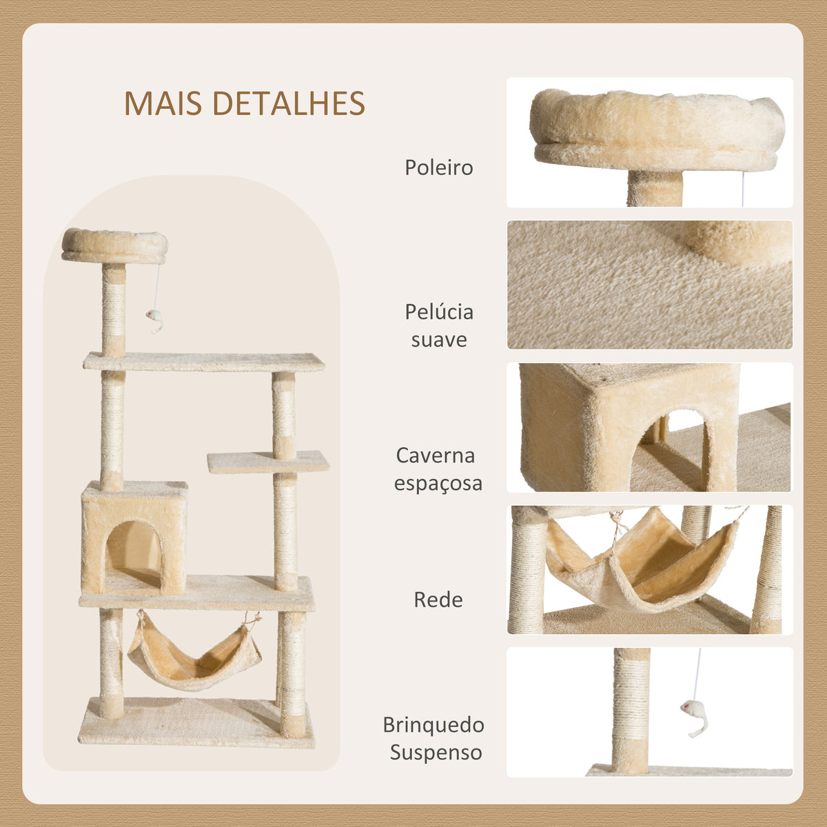 Arranhador de Árvore para Gatos com Plataformas Múltiplas Brinquedo Suspenso Caverna Espaçosa Rede Macia Postes de Coçar 70x40x152 cm Bege — foto 6