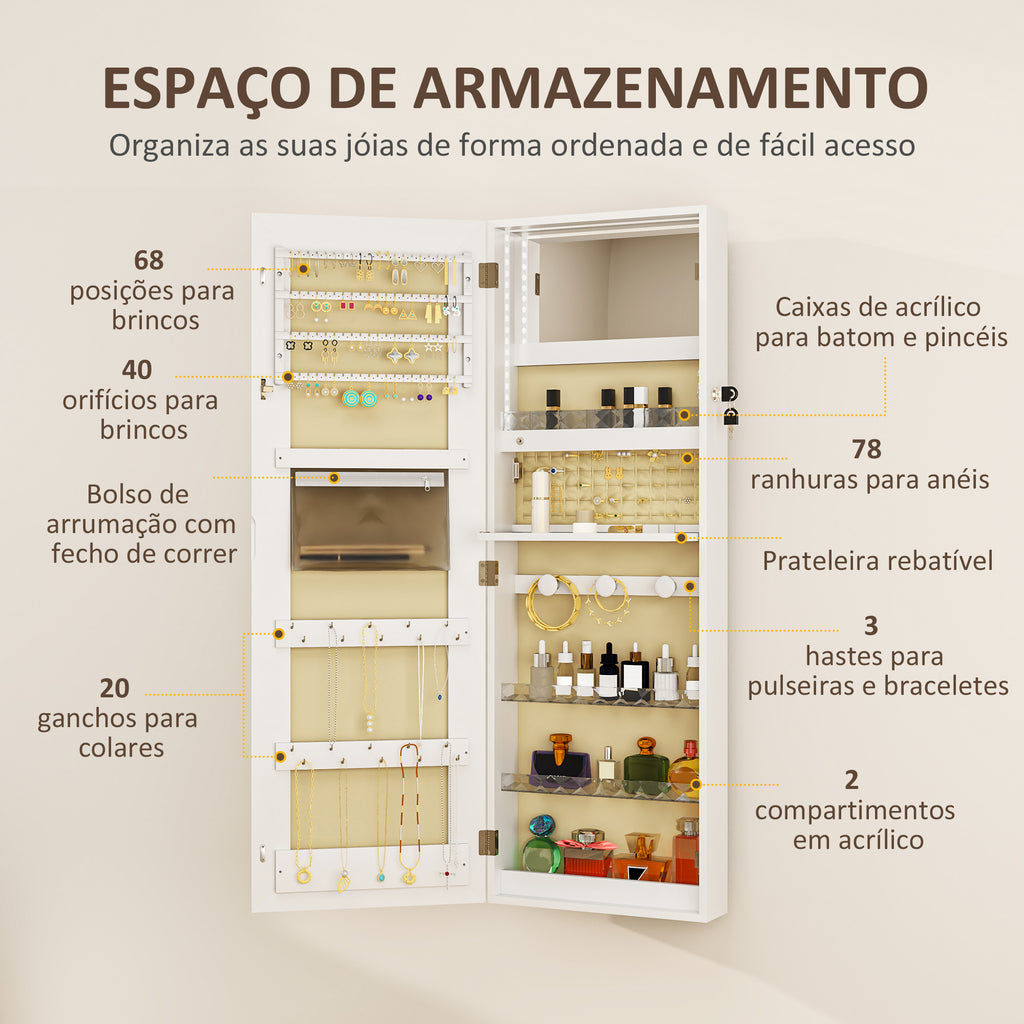 Espelho Joalheiro de Parede Espelho de Parede com Luzes LED e Fechadura Armário para Jóias para Pendurar na Parede ou na Porta 37x10,5x108 cm Branco — foto 6