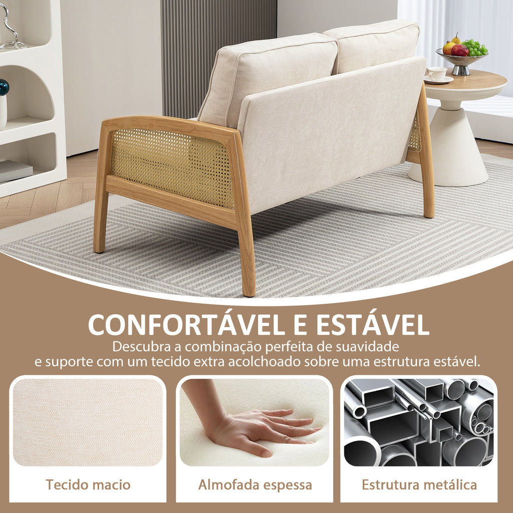 Sofá de 2 Lugares Estofado em Chenille Sofá Sala de Estar com 2 Almofadas Laváveis e Apoio para os Braços em Vime Sintético Sofá Pequeno Carga 240 kg 123x75x88 cm Bege — foto 7
