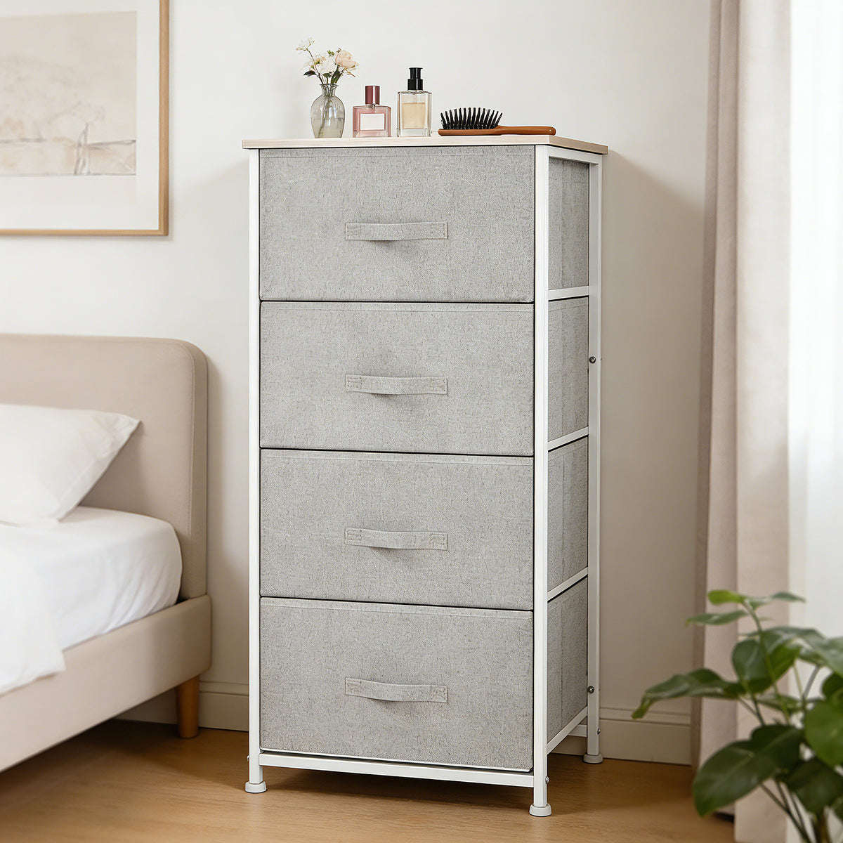 Cómoda com 4 Gavetas de Tecido Móvel de Arrumação Multifuncional para Dormitório Sala de Estar Corredor 45x30x92 cm Cinza e Branco — foto 8