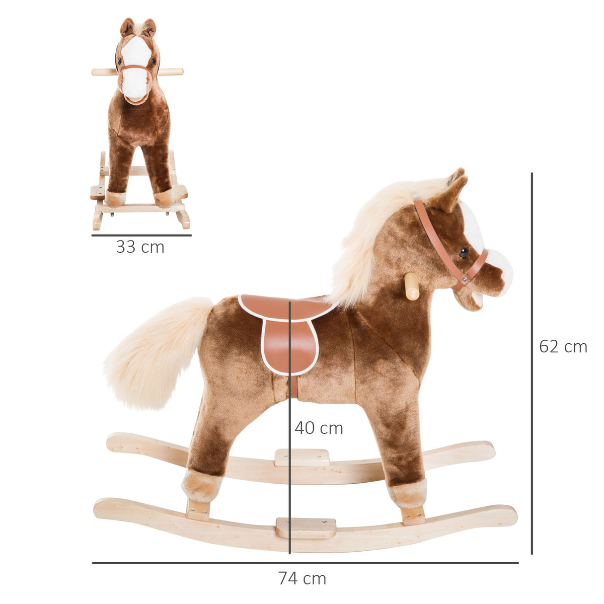 Cavalo de Baloiço para Criança +3 Anos Cavalo de Brinquedo com Alças Estrutura em Metal e Base em Madeira Carga 40 kg 74x33x62 cm Castanho — foto 3