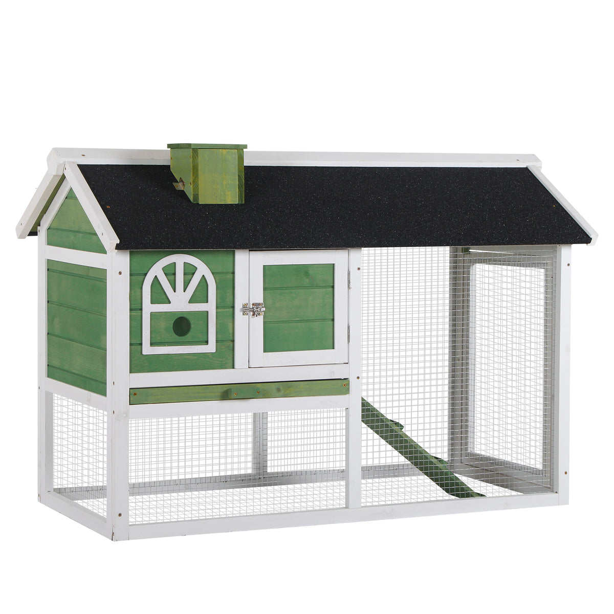 Coelheira de Madeira 120x60x79 cm Coelheira Grande com Teto Asfáltico Bandeja Removível Escada e Chaminé para Exterior Verde — foto 1