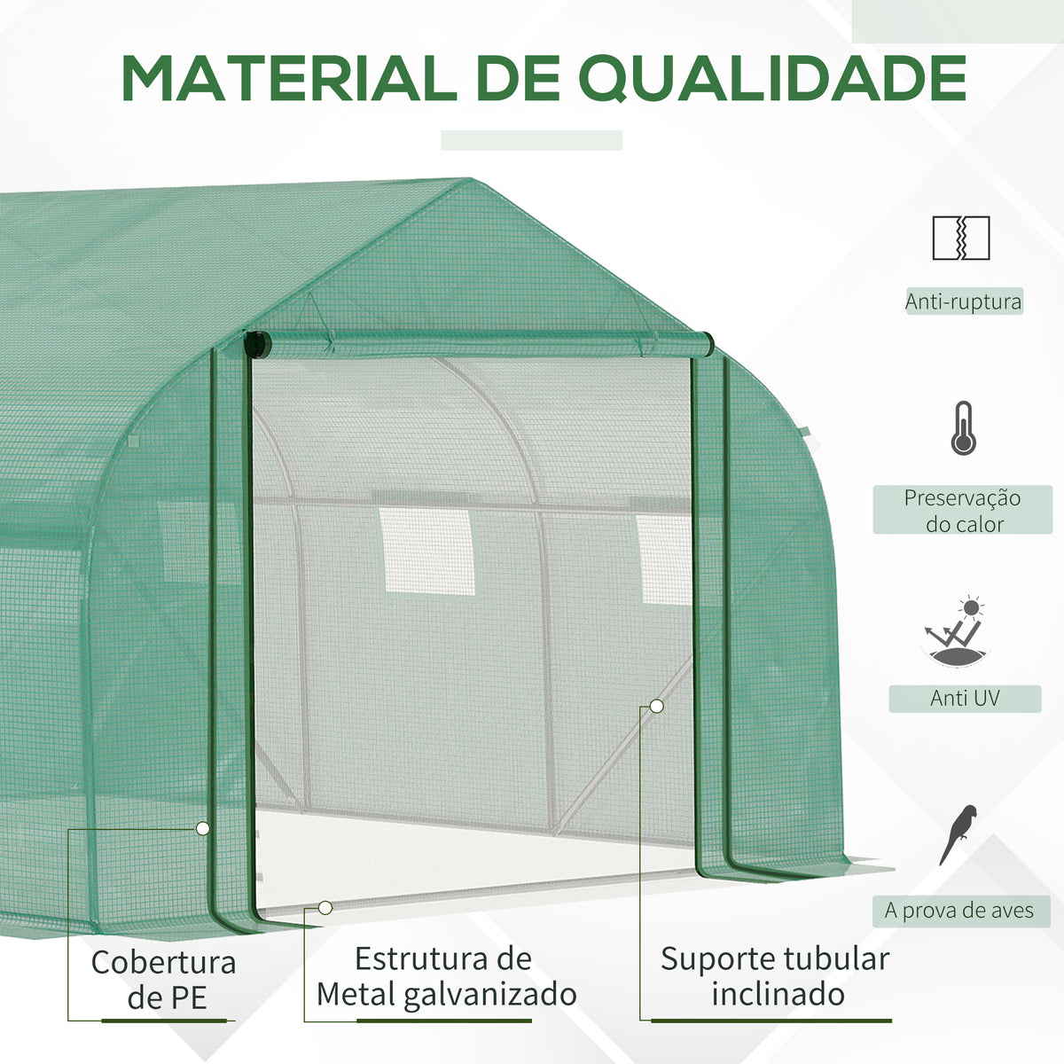 Estufa de Túnel 3,5x3x2m Estufa de Jardim com Porta e 6 Janelas Enroláveis de Polietileno Metal Galvanizado para Cultivos de Plantas Flores Verde — foto 4